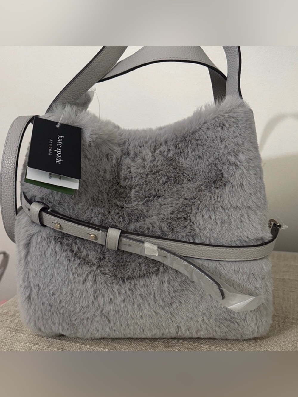 kate spade KNOTT Gray and Faux Fur Bag with Leather Strap